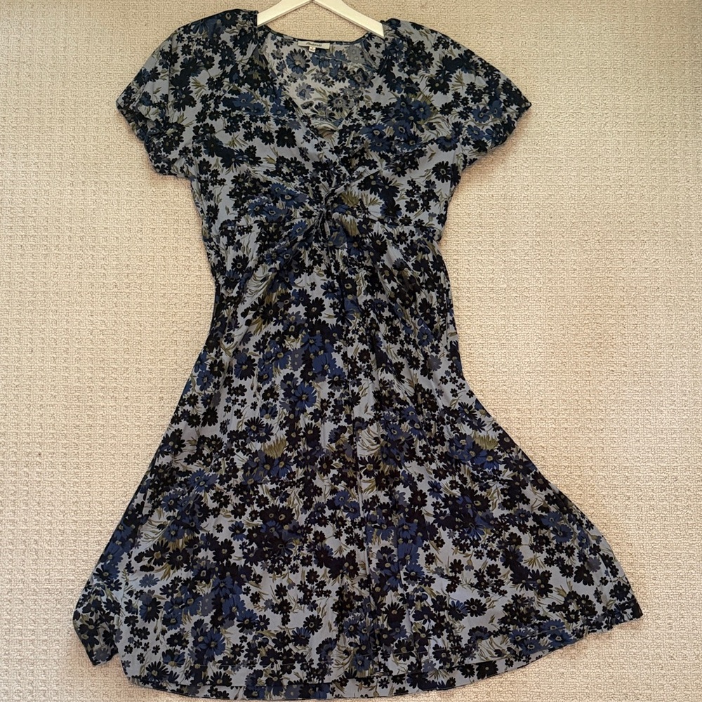Madewell Blue and Black Floral Midi Drawstring Dress